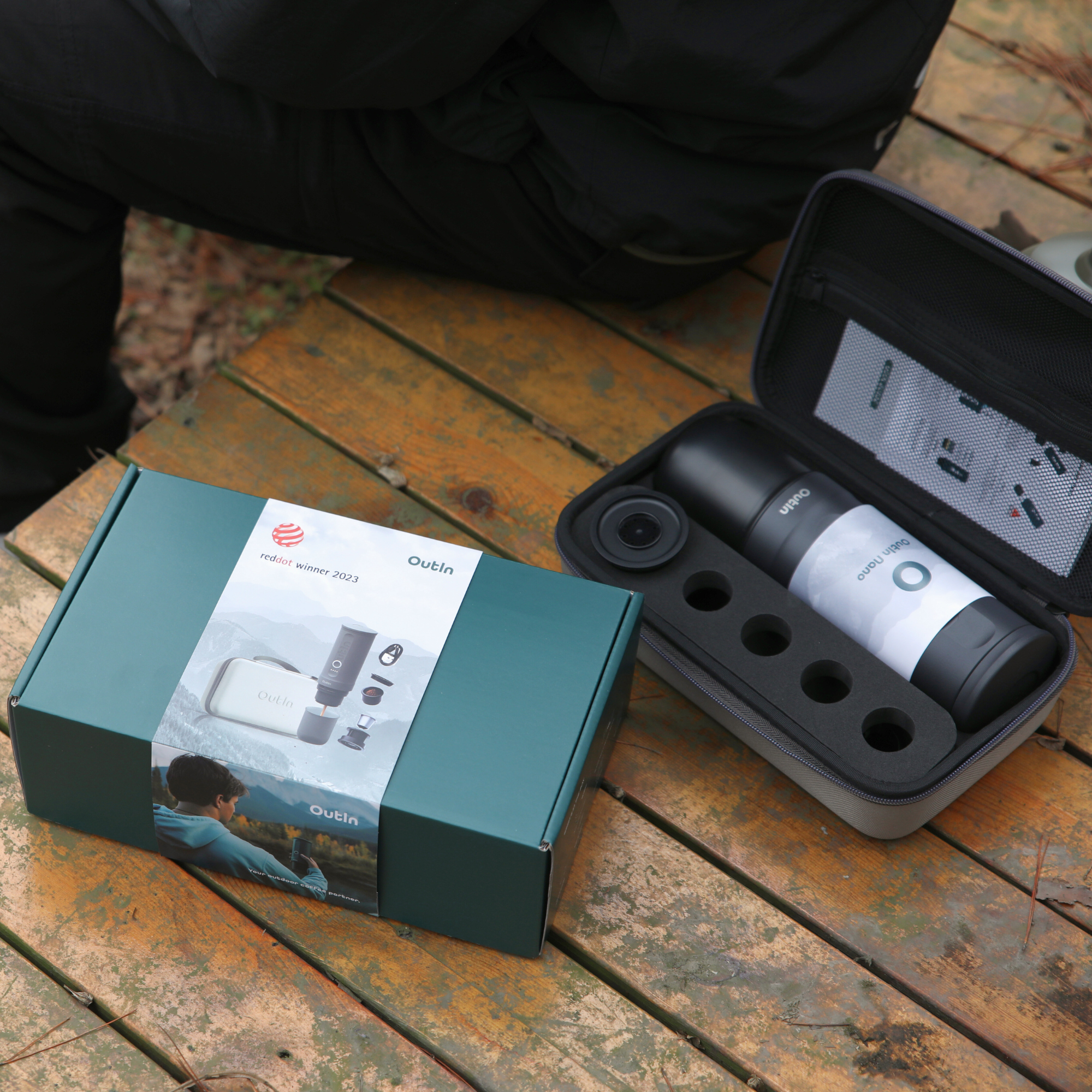 Outin Traveler Espresso Gift Set with Nano machine and protective storage case.