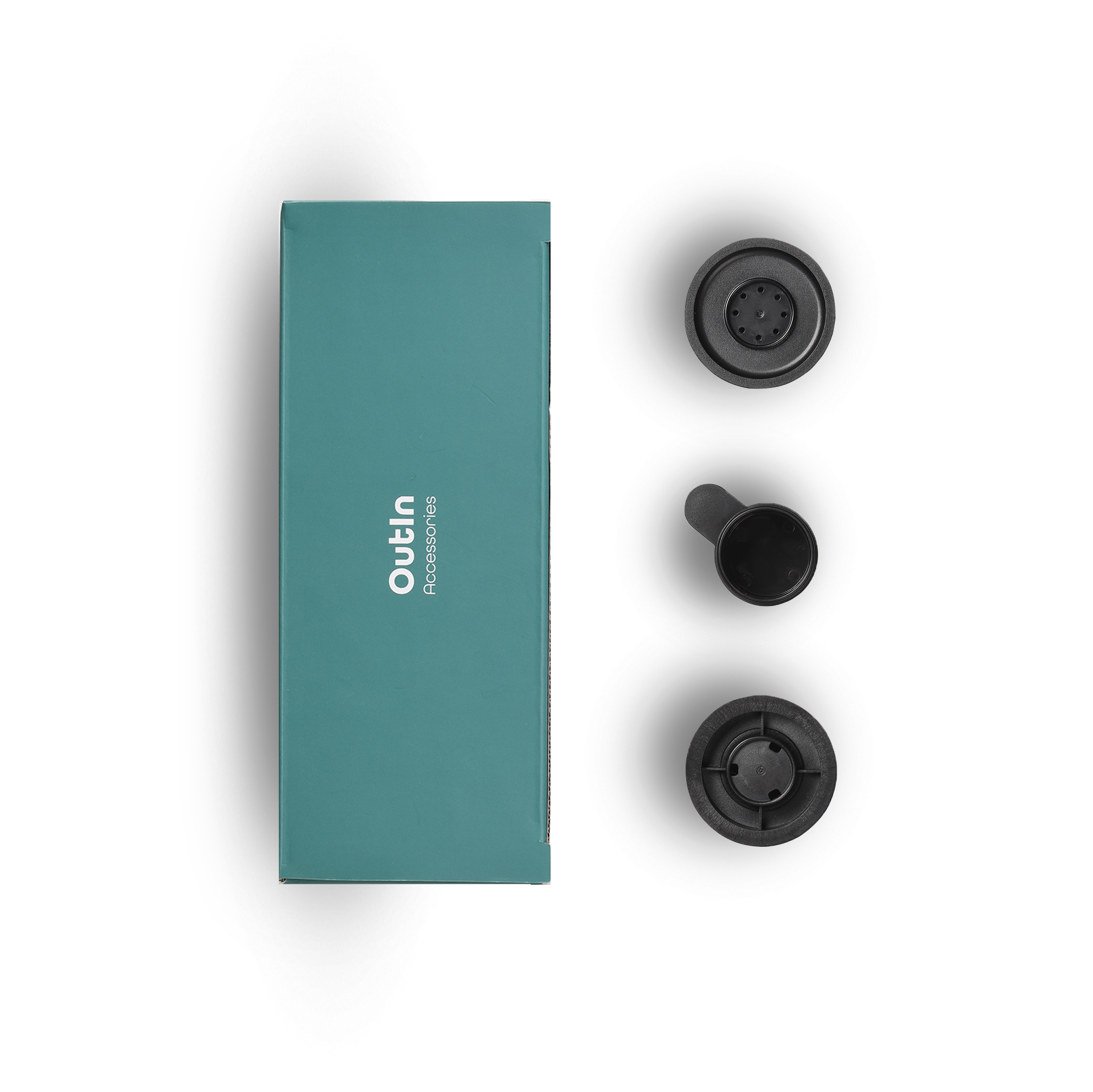 Outin espresso accessories kit including Capsule Adapter, Ground Coffee Filter, and Ground Coffee Spoon in teal box