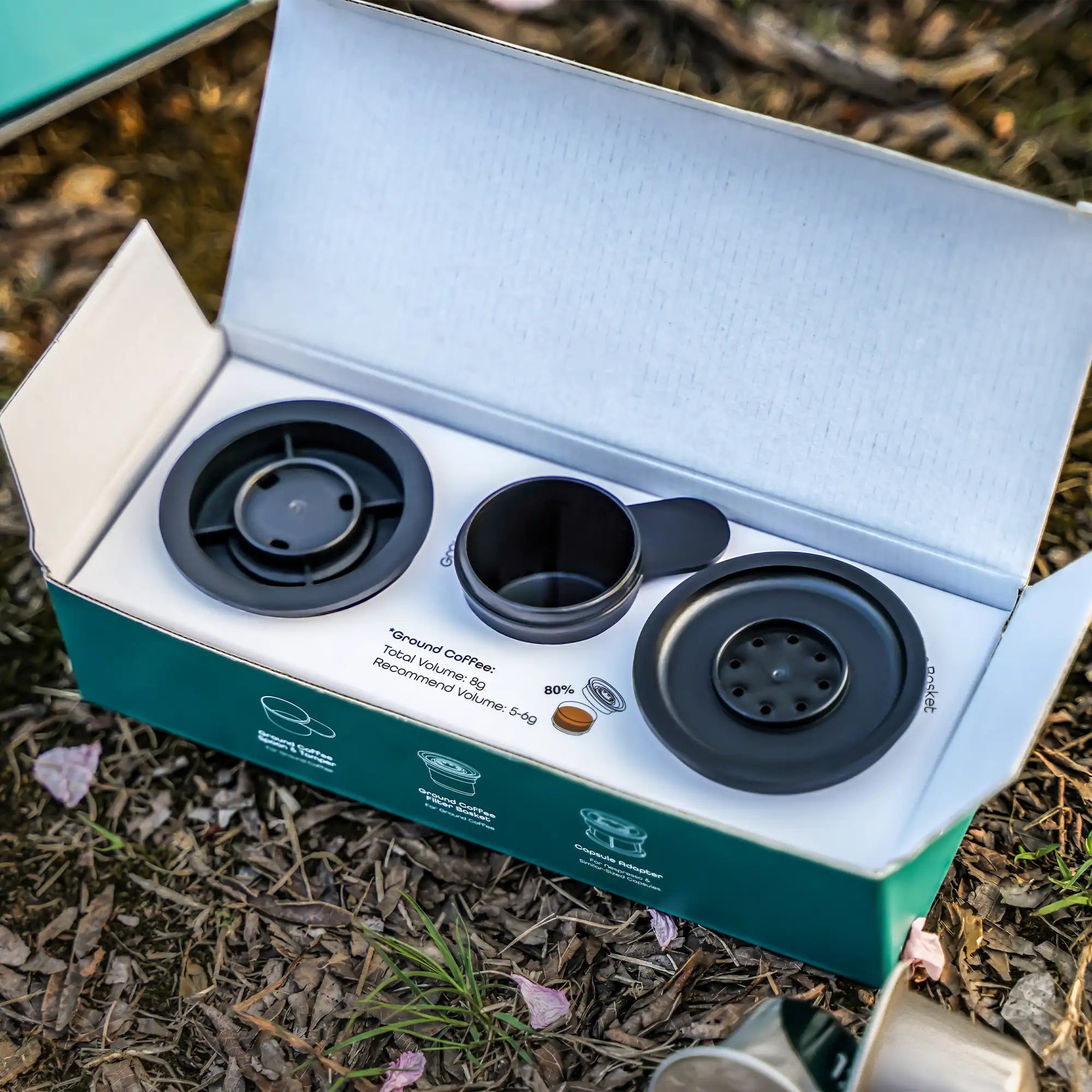 Outin espresso accessories kit: Capsule Adapter, Ground Coffee Filter, Ground Coffee Spoon