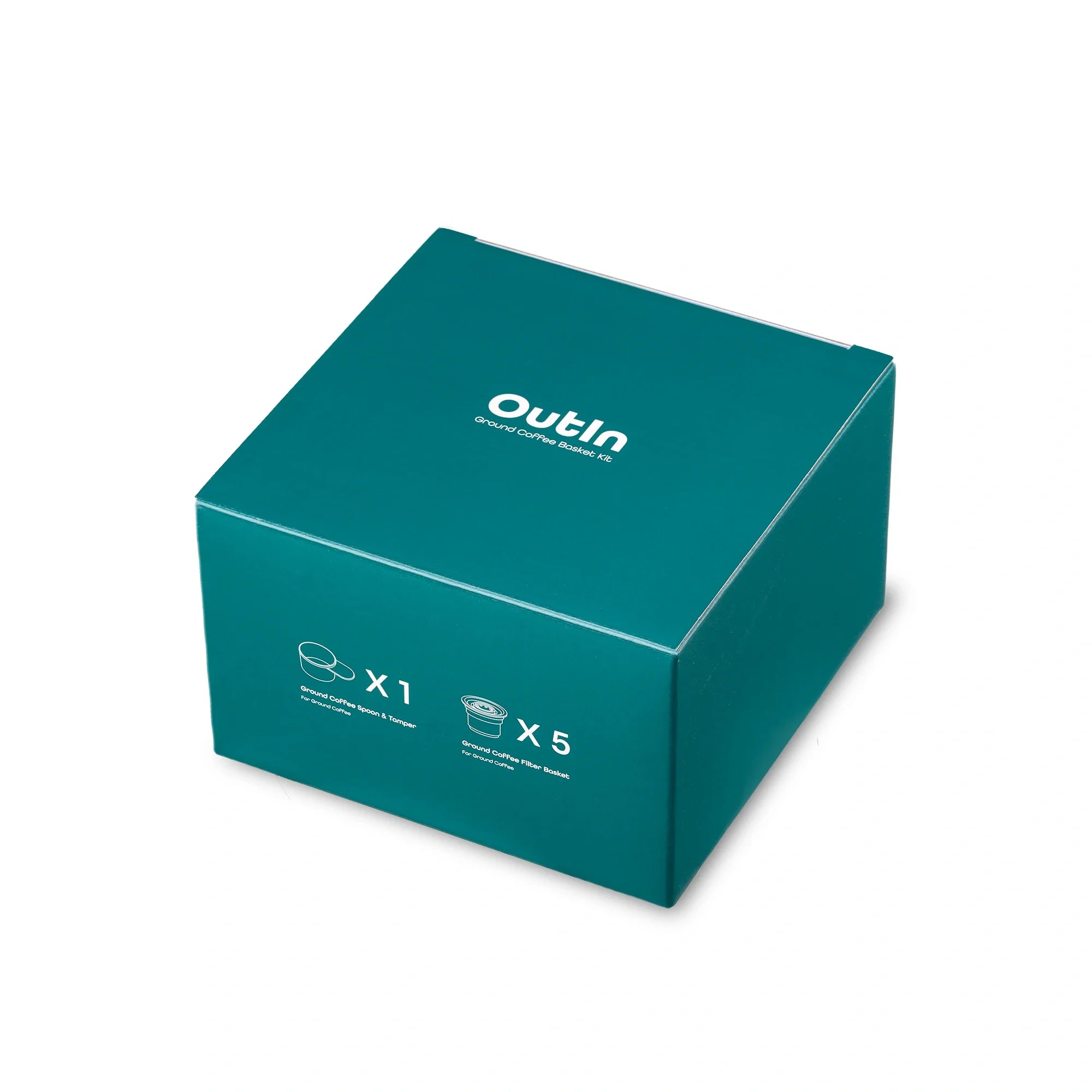 Teal box with 5 Ground Coffee Filter Baskets and 1 Ground Coffee Spoon for OutIn Nano Portable Espresso Machine