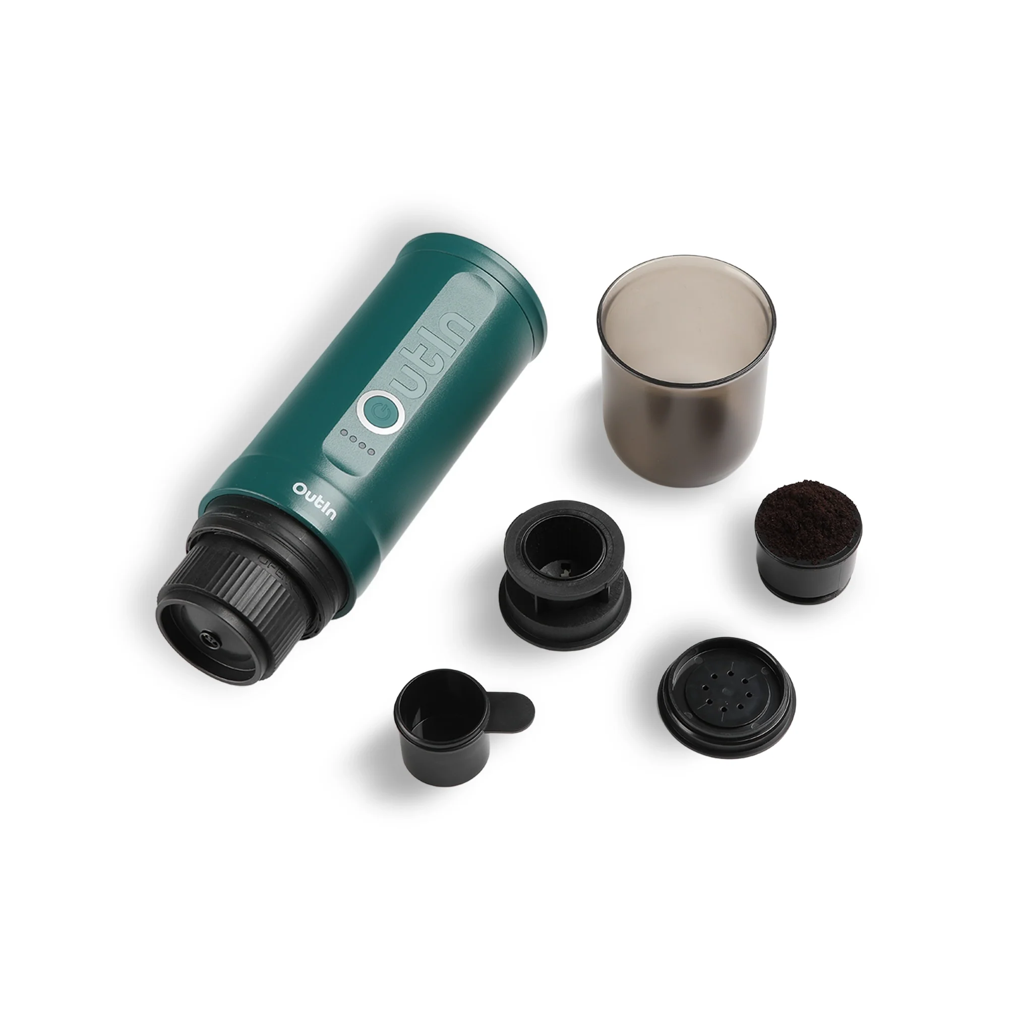 Outin Nano espresso maker with accessories, including capsule adapter
