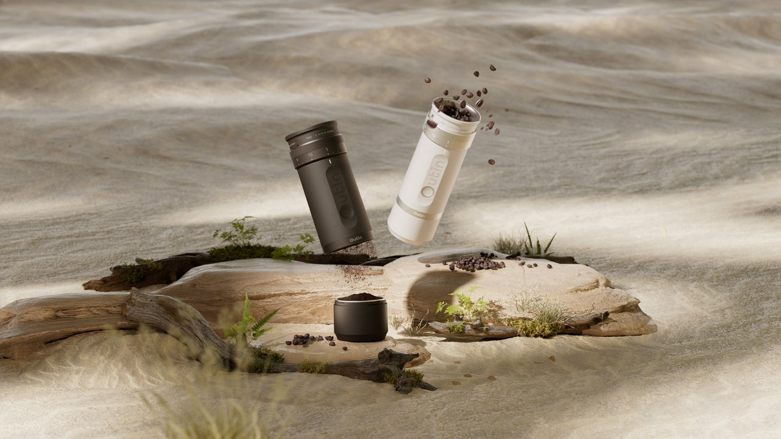 OutIn Fino Tragbare Elektrische Kaffeemühle: Schwebende Eleganz für frischen Kaffeegenuss in der freien Natur