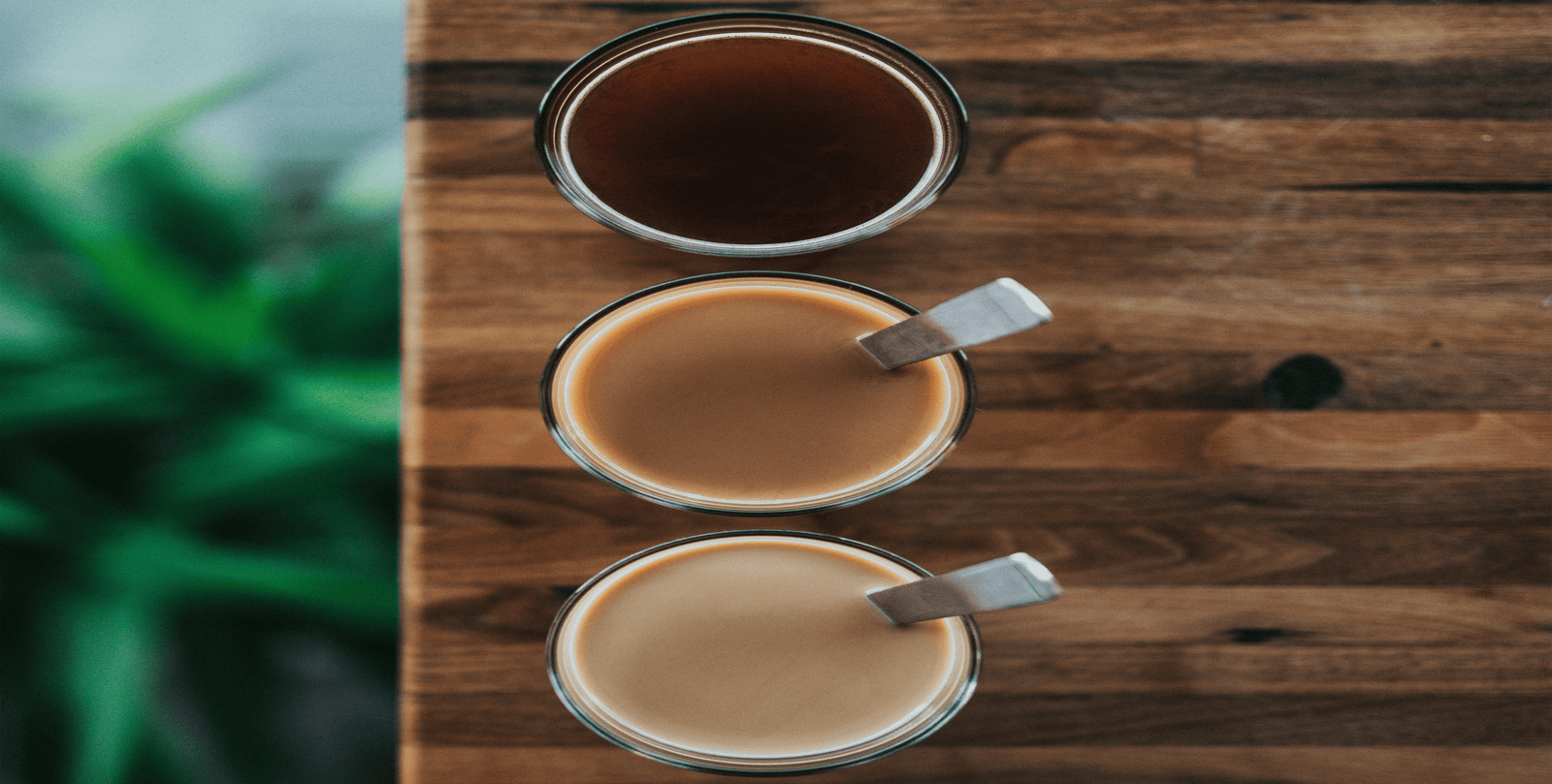 Drei Tassen Kaffee in unterschiedlichen Farbtönen – von dunkel bis hell – als Vergleich von Röstgrad, Milchanteil und Stärke auf Holztisch.﻿