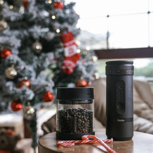 Outin Portable Espresso Machine and coffee beans canister, Christmas theme