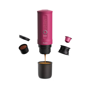 Outin Nano Portable Espresso Machine (Fuchsia Pink) brewing espresso
