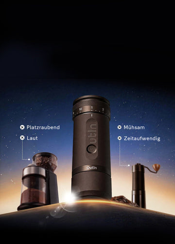 OutIn Fino portable coffee grinder standing upright on a dark coffee-themed background
